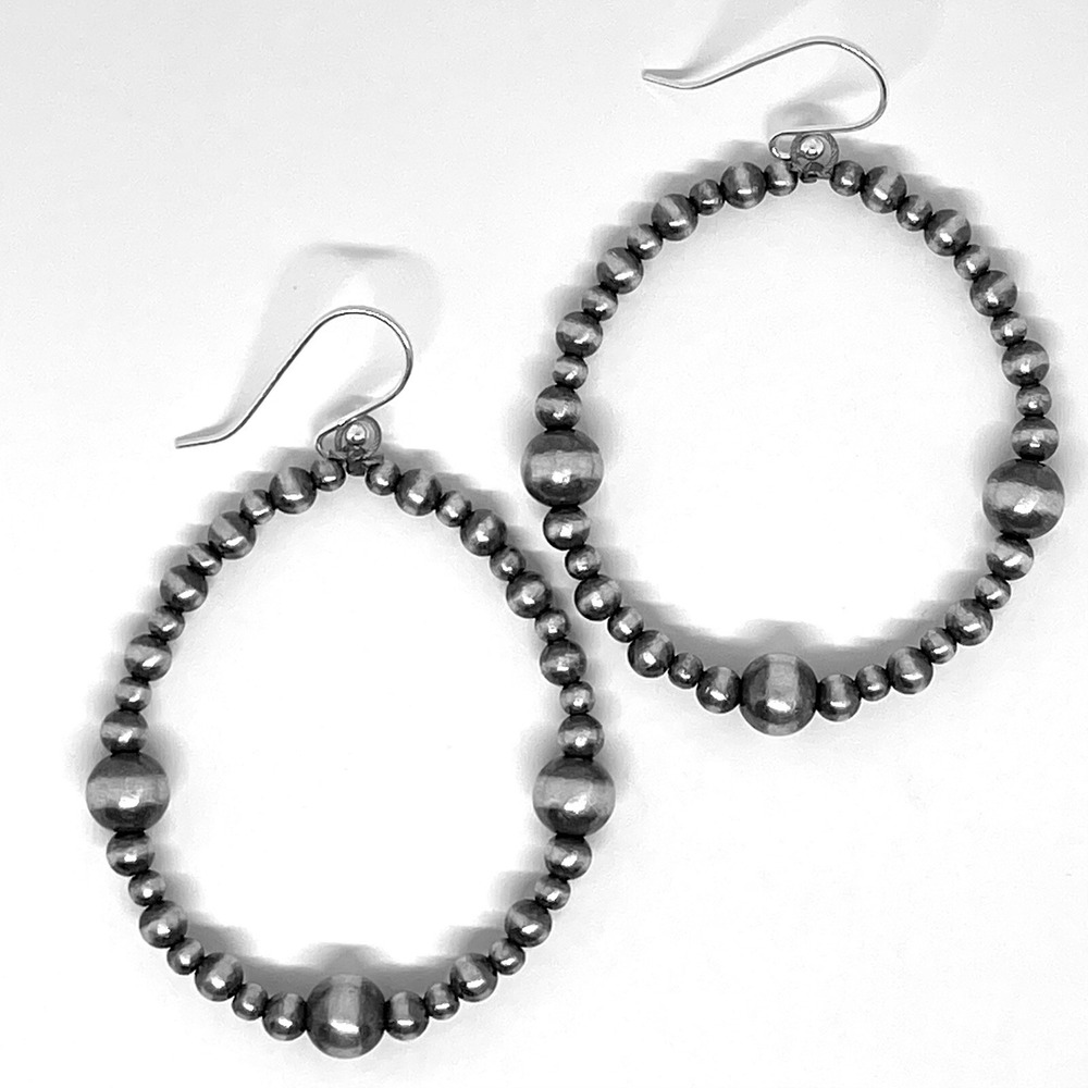 Navajo Pearl Earrings Oval Hoop 2.5in Hook Sterling Big Dangle Satin Matte USA - Picture 2 of 7